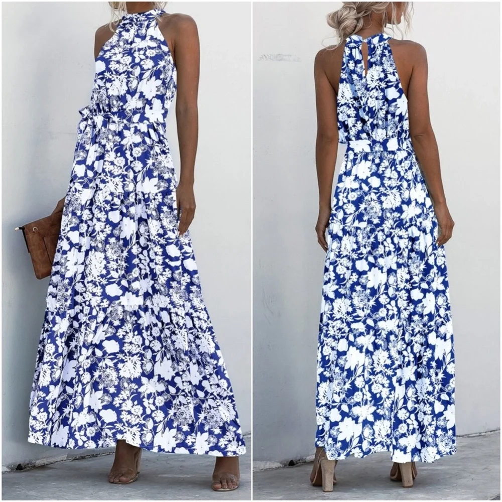 Boho Pastel Green Floral Print Halter Maxi Dress Ruffle - Picture 10 of 13